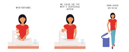 Infographics on how to wash your hands during an epidemic, the use of a disposable towel to clean the tap, vector illustrationのイラスト素材
