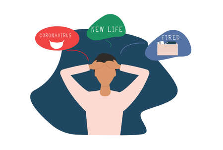 stress due to coronavirus, a man thinks about problems during an epidemic, a psychological crisis during a pandemicのイラスト素材