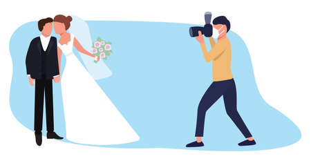 Wedding photo session during the coronavirus epidemic, masked photographer during quarantine, vector illustrationのイラスト素材