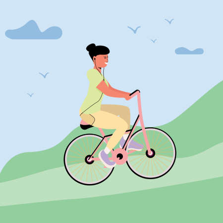 Girl on nature rides a bicycle and listens to music with headphones, vector illustration in a flat style for websites, print cardsのイラスト素材