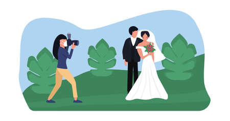 wedding photographer photographs the bride and groom in nature in a mask during a coronavirus, maintaining social distance while working, vector illustration in a flat styleのイラスト素材