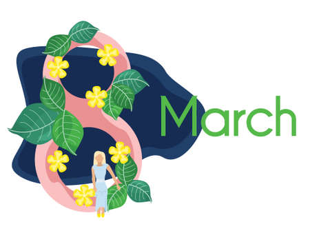 Banner for international women's day, number eight with flowers and leaves, vector illustration for...