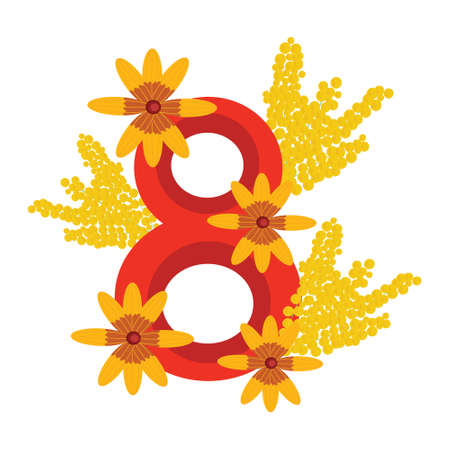 Holiday card with number eight and flowers, mimosas, vector illustration for international women's dayのイラスト素材