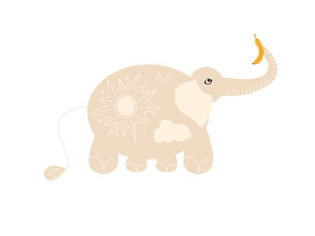 Cute baby elephant with sun, banana and cloud, vector illustration in flat print styleのイラスト素材