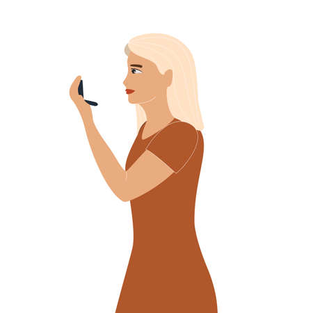 Blonde girl looks in the mirror on her makeup, woman loves herself, vector illustration in flat styleのイラスト素材