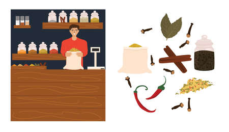 Spice and herb shop with seller, set with cinnamon, paprika, bay leaf, cloves, vector illustration in flat styleのイラスト素材