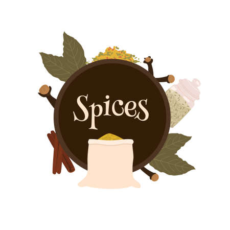 Collection of condiments, cinnamon, cloves, bay leaves. Spice shop logo or emblem, vector illustrationのイラスト素材