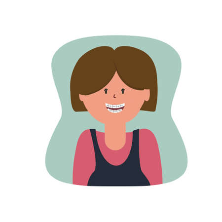 Portrait of a young girl, teenager with braces on her teeth, vector illustration in flat styleのイラスト素材