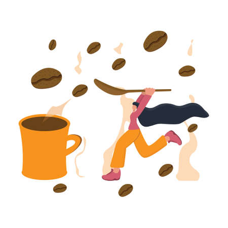 Girl with spoon runs to a cup of coffee, vector concept illustration for cafe, restaurants, advertising banner or posterのイラスト素材
