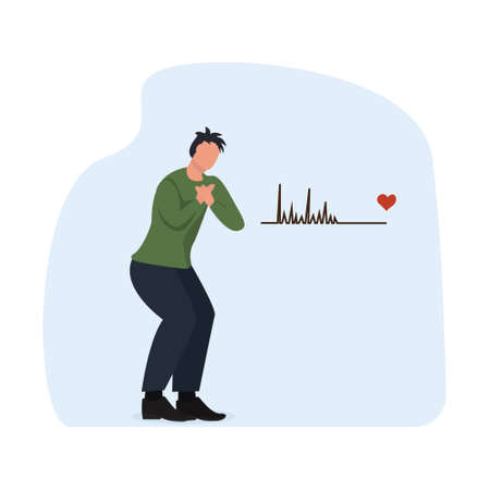 A man is experiencing a heart attack, chest discomfort, the onset of infarct, vector illustration in a flat style for medical websites, institutions, journalistic articlesのイラスト素材