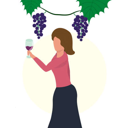 Girl with a glass of wine from grapes, tasting alcoholic beverage, vector illustration in flat styleのイラスト素材
