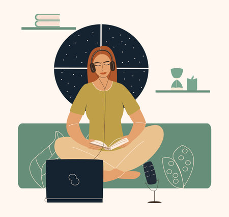 The girl records a podcast, audiobooks. Broadcastong. A woman is sitting in a Turkish pose with a book, wearing headphones, with a laptop and a microphone. Vector illustration in a flat style.のイラスト素材