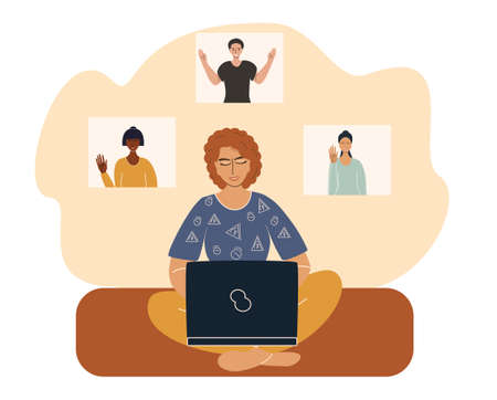 Communication with friends via webcam, video chat. Conference between different people online. Vector illustration in flat styleのイラスト素材