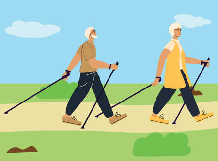 An elderly couple is engaged in Scandinavian walking in nature, in the park. Woman and man for a walk. Vector illustration in flat styleのイラスト素材