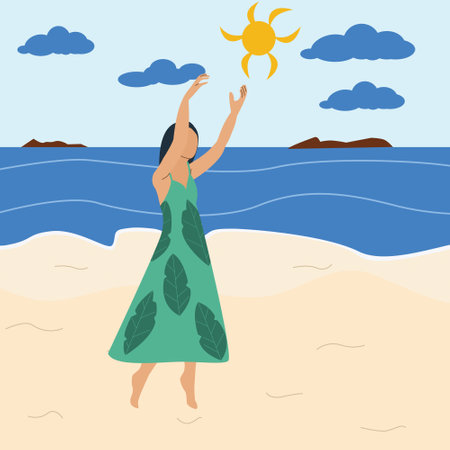 A girl in a summer green dress on the beach stretches her hands to the sun. Vector illustration in flat styleのイラスト素材