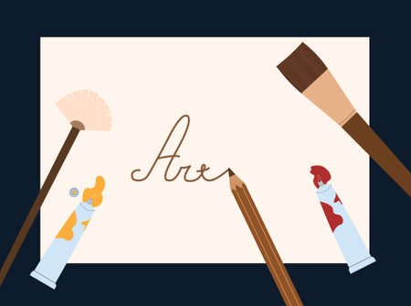 Advertising banner for the school of drawing and creativity. A sheet of paper, a pencil, brushes and tubes of oil paint. Vector illustration in flat styleのイラスト素材