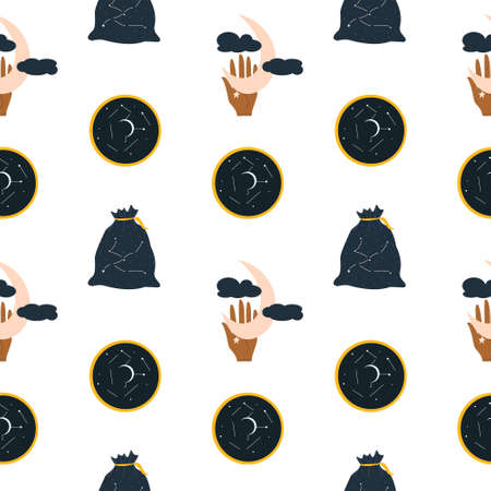 Cosmic, astrological seamless pattern with stars, crescent and hand. Vector illustration in flat style for printing.のイラスト素材