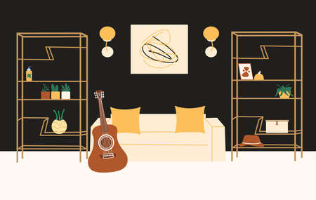 The interior of the room with a sofa, a guitar, a painting in the Scandinavian style. Vector illustrationのイラスト素材