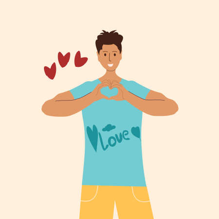 A man shows with his hands a gesture of heart, love. Romantic guy. Vector illustration in flat styleのイラスト素材