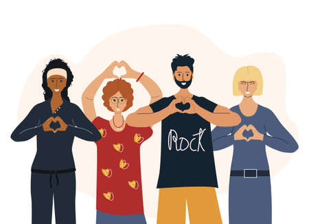 Different people show their heart with a gesture. A man and women depict a sign of love with their hands. Interracial friendship. Vector illustration in flat styleのイラスト素材