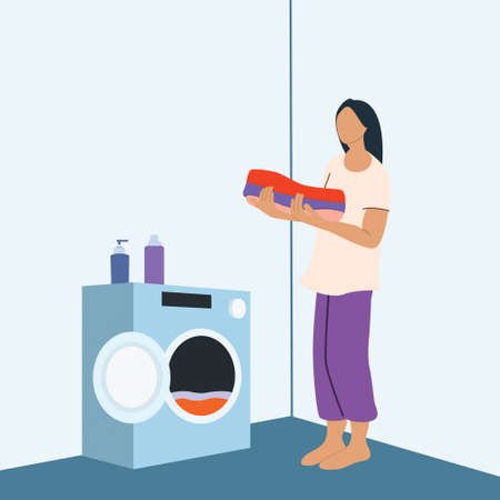 A woman with dirty clothes in her hands stands near the washing machine. Vector illustration in flat styleのイラスト素材