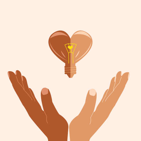 The concept of multiracial cooperation. Friendship between different races. Two dummies and a heart-shaped light bulb. Vector illustration in flat styleのイラスト素材
