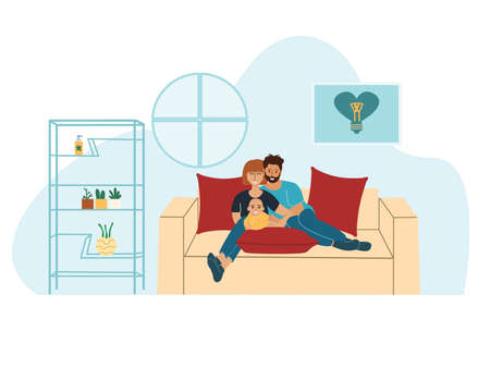 Young parents with their little son are sitting on the couch in the apartment. Family vector illustration in flat styleのイラスト素材