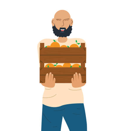 A man with a box of oranges and tangerines. Harvesting. Vector illustration in flat styleのイラスト素材