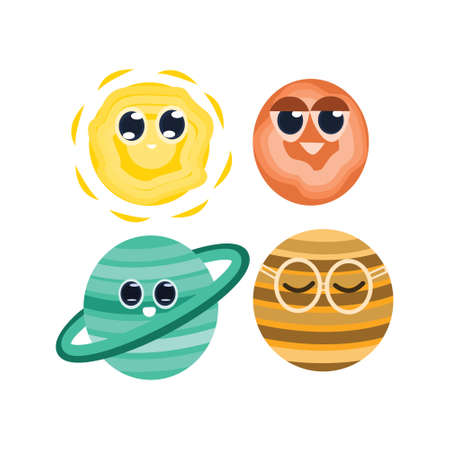 Set of characters of planets and star sun on a white background. Vector illustration in flat style