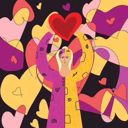 Girl holding a heart in her hands. Self-love concept. Romantic valentine's day card. Vector illustrationのイラスト素材