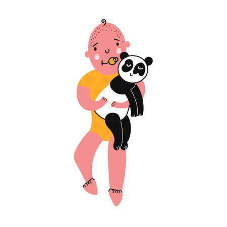 A baby with a pacifier hugs a toy Little boy with his beloved panda in his hands. Cute childish character in doodle style. Vector illustrationのイラスト素材