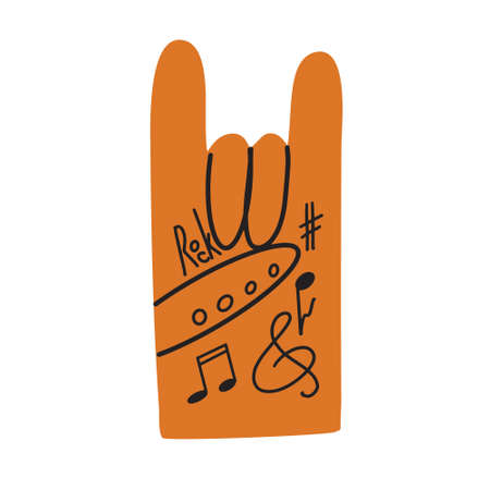 Sign of the horns. The symbol of rock musicians and followers of heavy music. African American hand shows gesture to heavy metal lovers. Vector hand drawn illustrationのイラスト素材