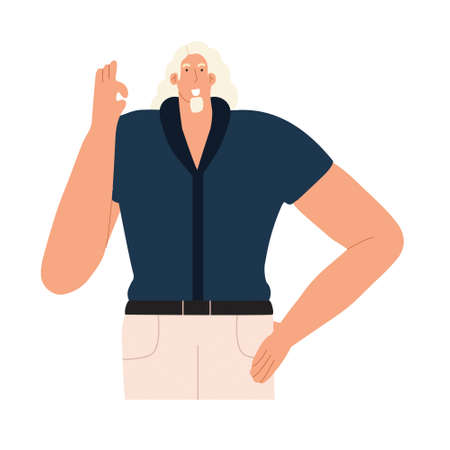 A blond man with long hair shows the gesture ok. Business concept. The young guy shows his consent. Vector hand-drawn illustrationのイラスト素材