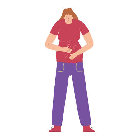 Irritable Bowel Syndrome. Acute gastritis, ulcer, dysbacteriosis abdominal hernia. A symptom of inflammation of the gastrointestinal tract. Indigestion. The girl suffers from severe pain and spasms.のイラスト素材