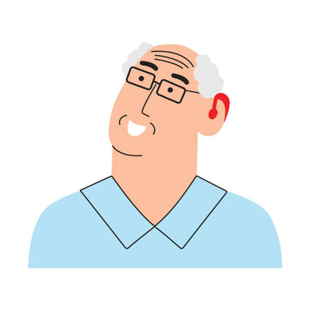 An elderly person with a hearing aid. The gray-haired man has ear problems. Vector illustration in a flat style.のイラスト素材