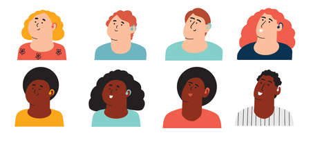 A set of characters of different ages with a hearing aid. Children and adults with ear problems. Vector illustration in flat styleのイラスト素材