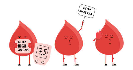A set of blood drops on the topic stop diabetes. Vector medical illustration in flat style.のイラスト素材