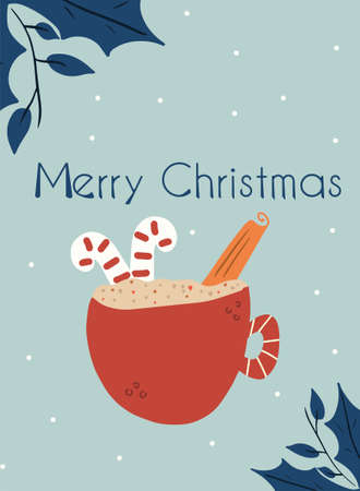 New Year card with a mug of warm drink. Christmas invitation template. Vector hand drawn illustrationのイラスト素材