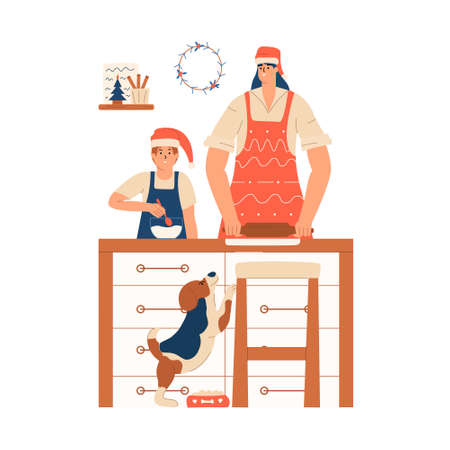 Mom with her son in aprons and red hat prepares food in the kitchen for Christmas and New Year. Cooking baked goods for the holiday. Vector illustration in flat styleのイラスト素材