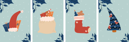 Set of Christmas cards. Christmas tree, gift bag, sock, cap. Design template. Vector illustrationのイラスト素材