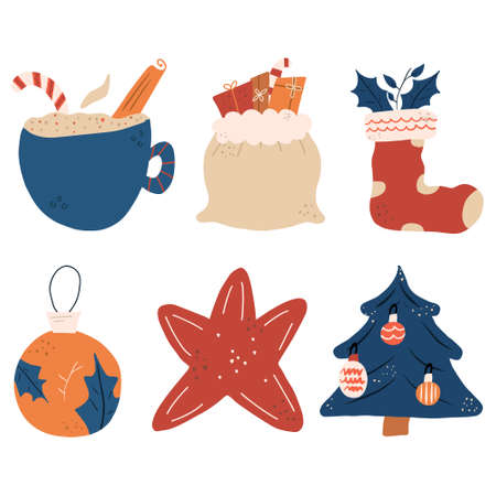 Set of different graphic elements for New year. Christmas tree, ball, gifts, star. Vector hand-drawn illustration.のイラスト素材