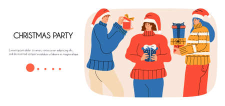 Landing page with people giving each other gifts for Christmas and New Year. Business webpage, banner. Vector illustration in flat styleのイラスト素材