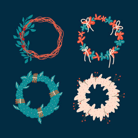 Set of different Christmas wreaths. Vector hand drawn illustrationのイラスト素材