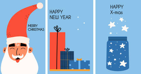 Set of Christmas cards with Santa, gifts. Set of New Year's flyers. Vector hand drawn illustration in flat styleのイラスト素材