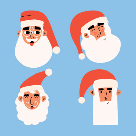 Set of different funny faces of santa claus. Collection of cute characters. Vector illustration in flat styleのイラスト素材