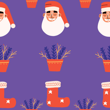 Seamless pattern with santa claus, christmas sock. Vector illustration in a flat style for printing.のイラスト素材