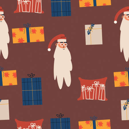 Seamless pattern with Santa, gifts. Christmas background. Vector illustration in flat styleのイラスト素材