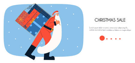 Santa claus landing page with gifts. Promotional banner about New Year's sale. Vector illustration in flat styleのイラスト素材