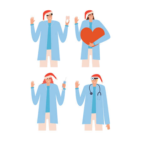 A set of doctors in Christmas red hat. Dentist, ENT, cardiologist, therapist. Medical characters collection. Vector illustration in flat styleのイラスト素材