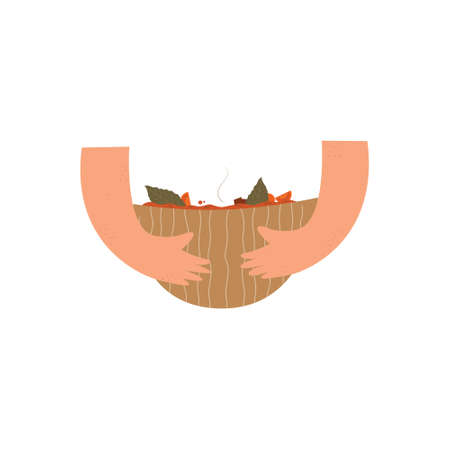 Hot tomato soup in female hands. A way to keep warm when it's cold. Vector hand-drawn illustration on a white background.のイラスト素材